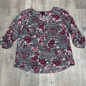 I.N. Studio Burgundy and Gray Floral Blouse
